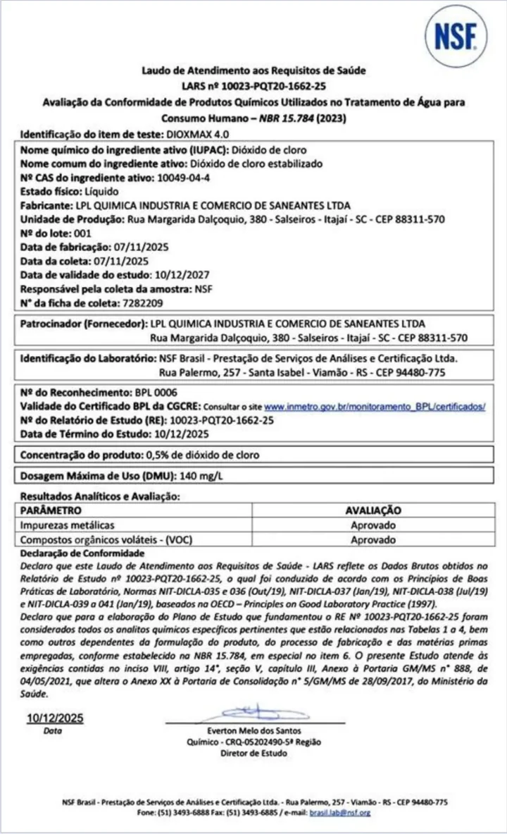 Reprodução do laudo LARS nº 10023-PQT20-1662-25 emitido pela NSF Brasil